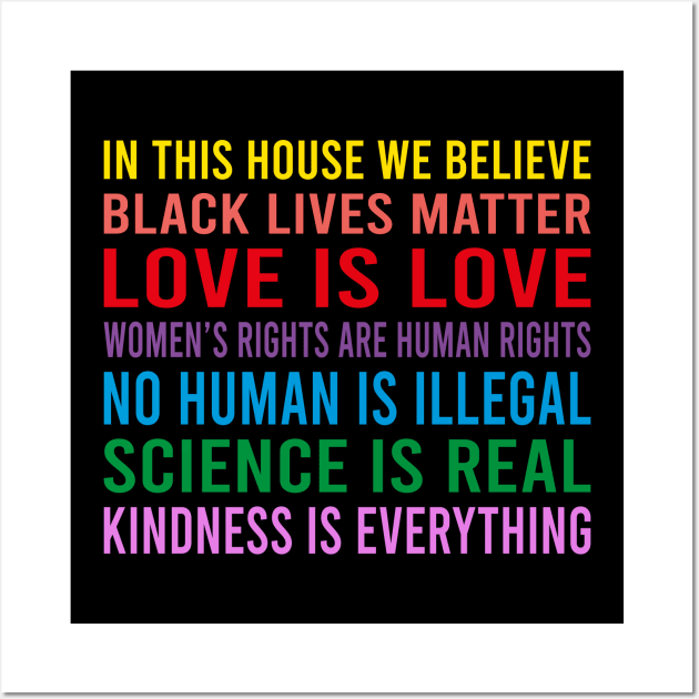 in this house we believe, black lives matter, love is love, womens rights are human rights, no human is illegal, science is real Wall Art by DragonTees